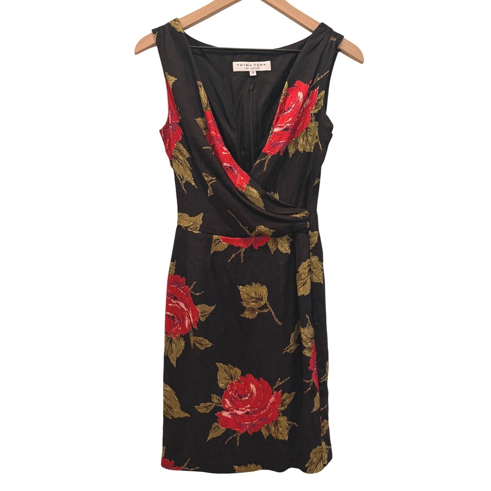 Trina Turk Womens Black Red Rose Floral Silk Wrap V-Neck Sheath Dress Size 4 Y2K
